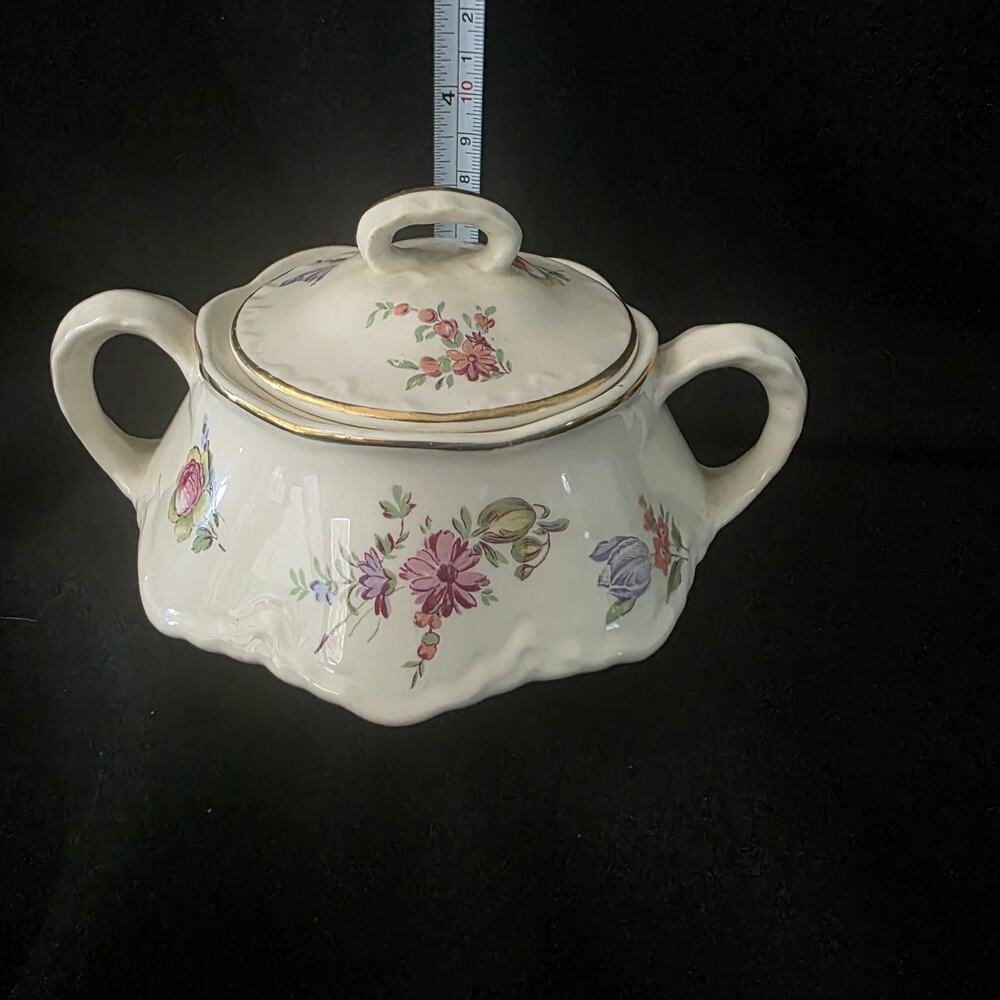 Vintage Homer Laughlin Virginia Rose Floral Covered Sugar Bowl Tureen Gold Trim